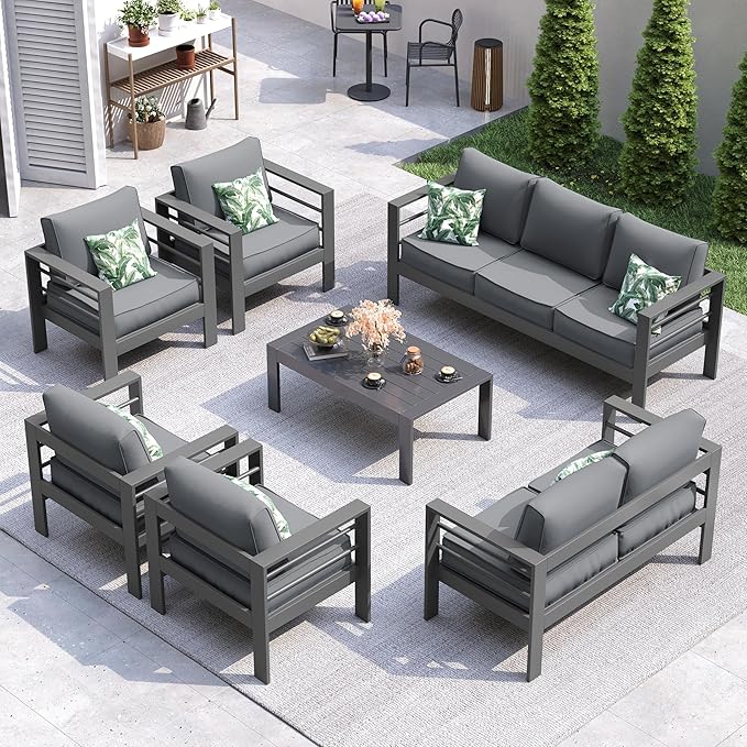 UDPATIO Aluminum Patio Furniture Set, 7 Pieces Outdoor Conversation Set with Waterproof Covers, All-Weather Modern Sectional Sofa for Patio, Deck, Backyard, Dark Grey/Dark Grey