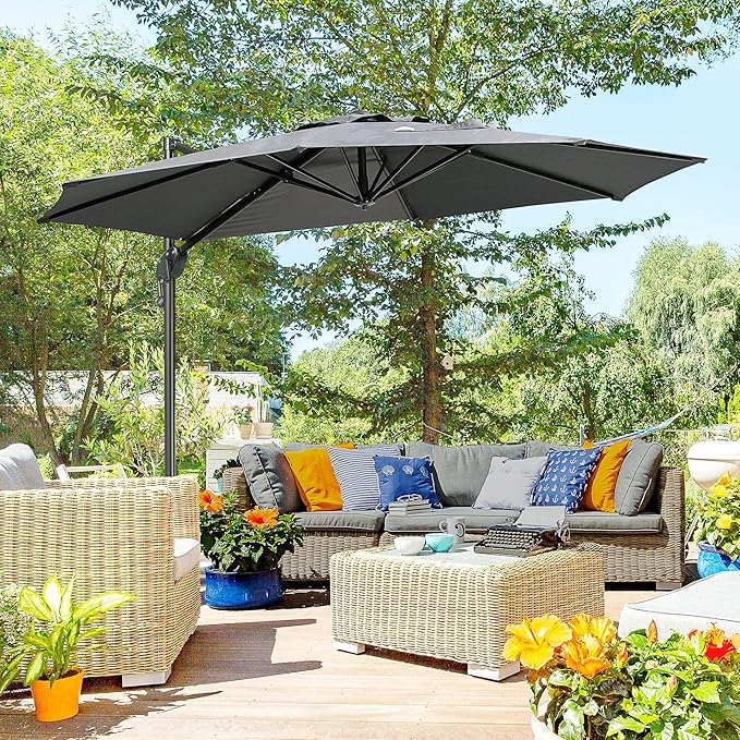 10ft Offset Patio Umbrella with Base, Hanging Aluminum and Steel Cantilever Umbrella with 360¡ã Rotation, Easy Tilt, 8 Ribs, Crank, Cross Base Included for Backyard, Poolside, Garden, Gray