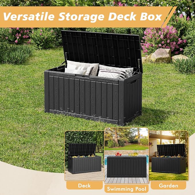 Fancyango 110 Gallon Outdoor Deck Box Waterproof, Large Storage Box for Patio, Resin Storage Bench Lockable for Garden Tools, Package Delivery, Black