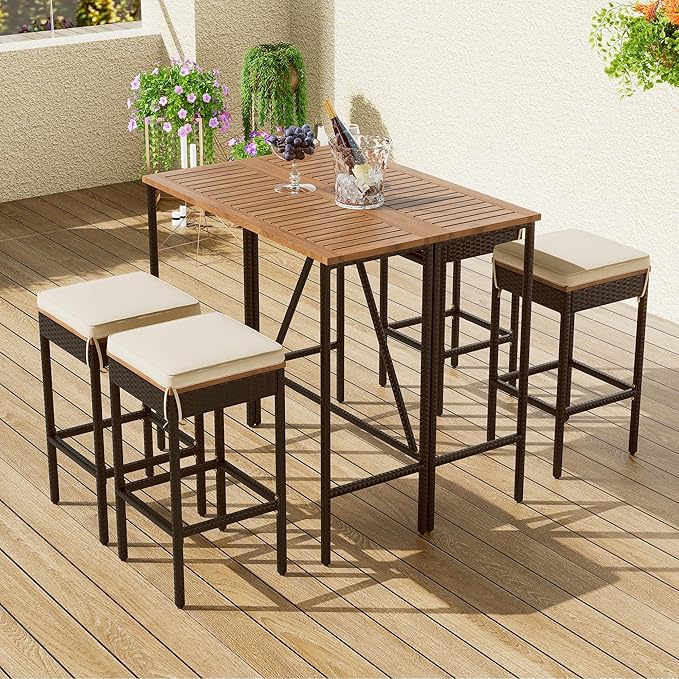 RUNNA Outdoor Acacia Wood Bar Height Table and Four Stools with Cushions, Garden PE Rattan Wicker Dining Table, Foldable Tabletop, High-Dining Bistro Set, All-Weather Patio Furniture