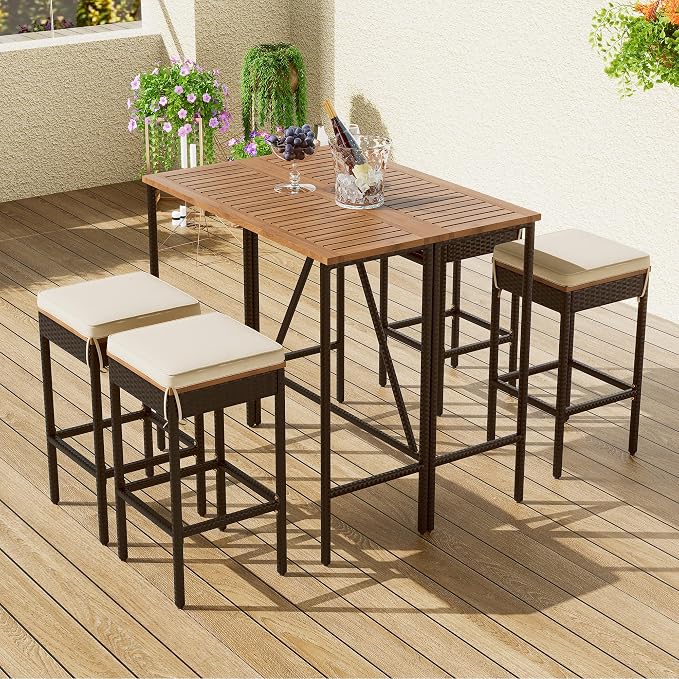 WILLIAMSPACE Patio Bar Table Set of 5, Outdoor Wood Height Bar Table & 4 Bar Stools with Cushions, PE Rattan Wicke Bar Table with Foldable Tabletop, Bistro Set for Backyards Porches (Brown)