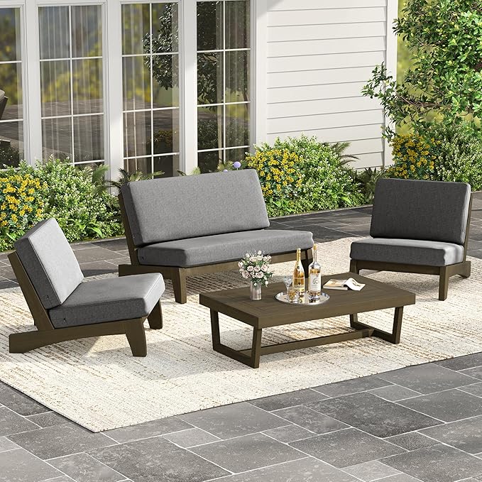 UIXE Wood Patio Furniture Sets, 4 Pieces All Weather Outdoor Sectional Futniture Patio Sofa Chair Backyard Conversation Set with Solid Wooden Coffee Table - Light Gray