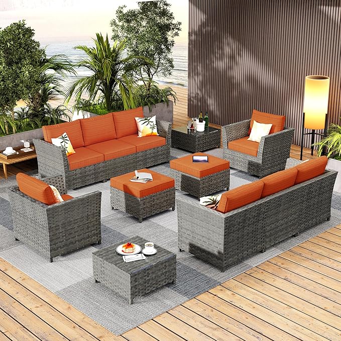 12 Pieces Outdoor Furniture Patio Sectional Sofa Couch Gray PE Wicker Conversation Sets with Ottomans Glass Coffee Table for Garden Poolside Backyard
