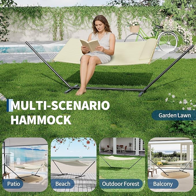 Heavy Duty 2 Person Double Hammock with Portable Adjustable Steel Stand, Outdoor Hammock with Pillow for Patio, Garden, Beach, Backyard Camping