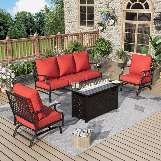MIXPATIO Patio Furniture Set, 4 Pcs Metal Outdoor Conversation Set, 2 Rocking Chairs and 3 Seater Sofa with 5.75" Extra Thick Cushion and Gas Fire Pit Table for Backyard Deck, Red