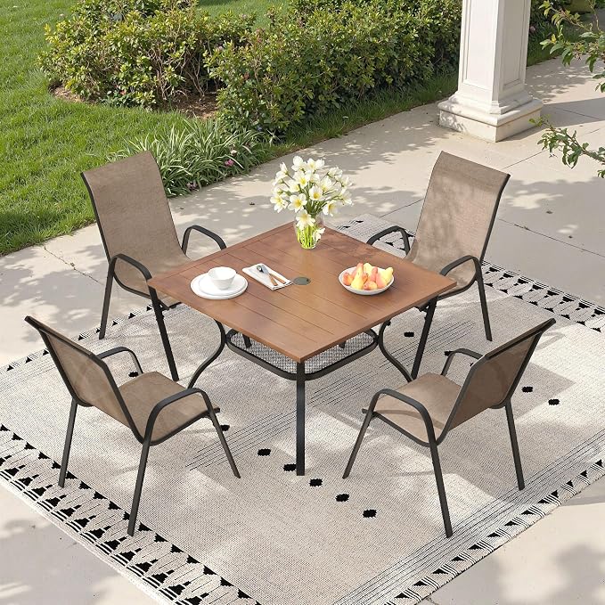 5 Pieces Outdoor Dining Set, 37.8" Square Table with Umbrella Hole & Stackable Patio Dining Chairs, Patio Table and Chairs Set for Deck Garden Porch, Brown Chairs & Walnut Table