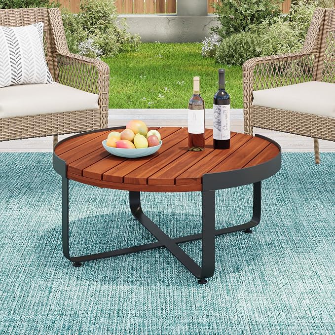Merax Outdoor Coffee Table 31.5" Round Acacia Wood Tabletop with Metal Frame for Patio, Garden & Poolside, Modern Industrial Style