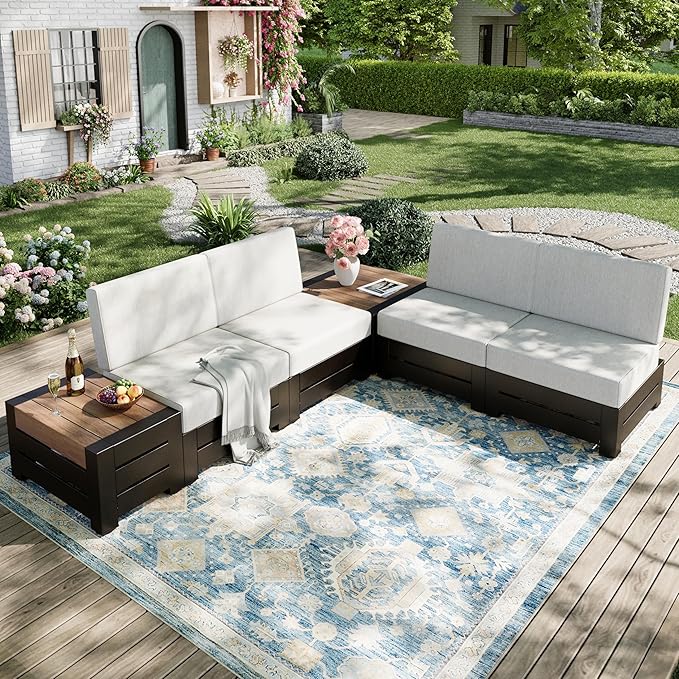 6-Piece Outdoor Patio Furniture Set, Steel Sectional Patio Conversation Sets, Outdoor Sectional Sofas with Thick Cushion, All-Weather Modular Furniture Sets for Porch, Garden, Backyard-Beige