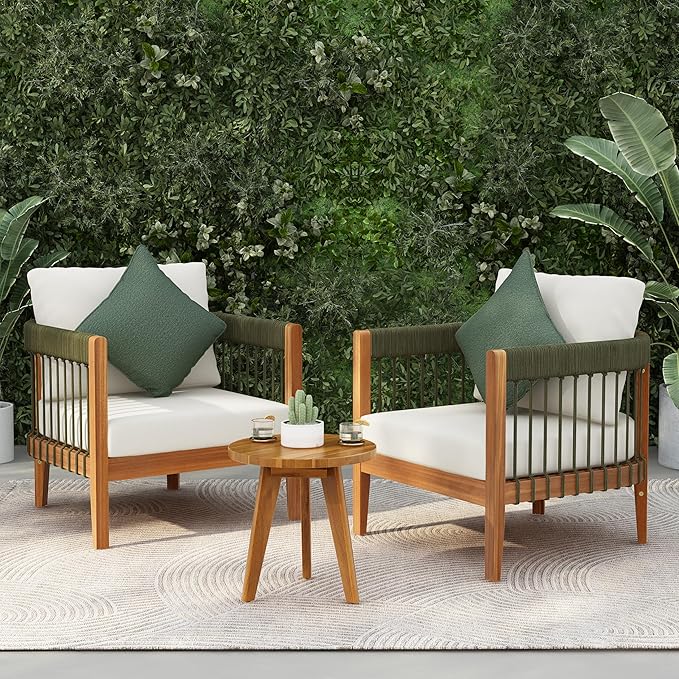 Christopher Knight Home Nadine 3 Pieces Patio Conversation Set, Handwoven Rope Accent Chairs, Acacia Wood Side Table, Tub Shaped Club Chairs, Round Side Table and Chair Set for Yard, Green+Beige