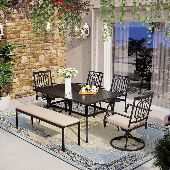 MFSTUDIO Patio Dining Set for 6, Outdoor Dining Set with 1 Bench, 2 Swivel Chairs, 2 Leg Chairs and 1 Rectangle Table