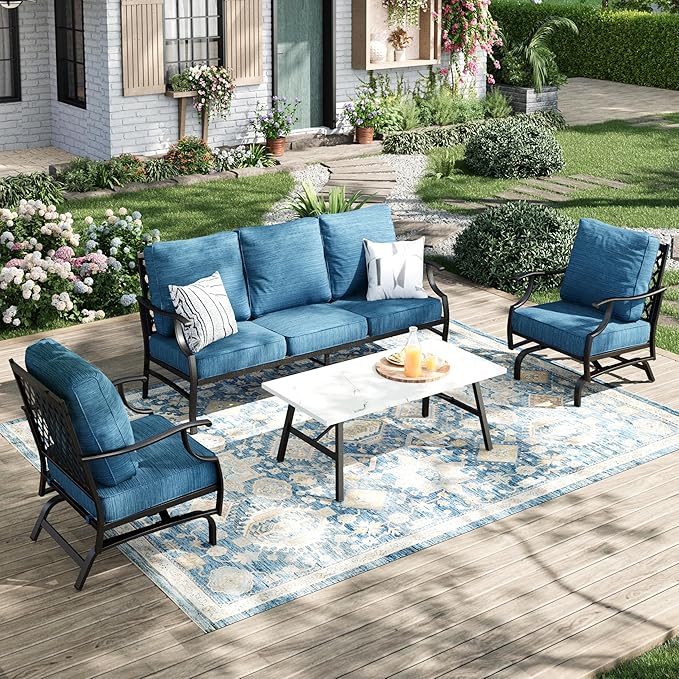 Patio Furniture Set 4 pcs, Outdoor Patio Furniture, 3-Seat Sofa, 2 Rocking Chairs, Coffee Table and 5.75" Extra Thick Cushion, Conversation Set for Backyard Deck, Gemstone Blue