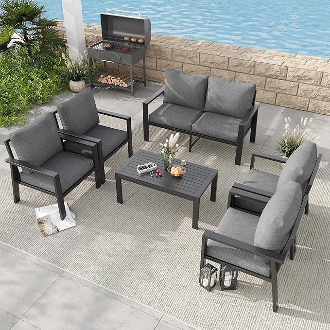 6 Pieces Aluminum Outdoor Patio Furniture Set 6-Seat Deck Furniture Patio Conversation Sets All-Weather Rust-Proof Sectional Sofa Set with Removable Cushion for Balcony, Yard, Poolside