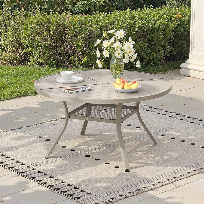 47.2" Outdoor Dining Table with Adjustable Umbrella Hole, Metal Slatted Round Patio Dining Table for Backyard Garden Deck, Sandshell