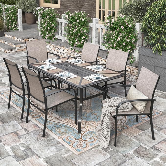 HERA'S HOUSE Patio Dining Table with Umbrella Hole for 6, Rectangle Outdoor Metal Table for Lawn Garden Backyard