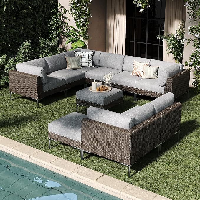 LayinSun 10-Piece Wicker Rattan Patio Furniture Set, Deep Seating Outdoor Modular Sectional Sofa Conversation Set with Thick Cushions for Lawn, Garden