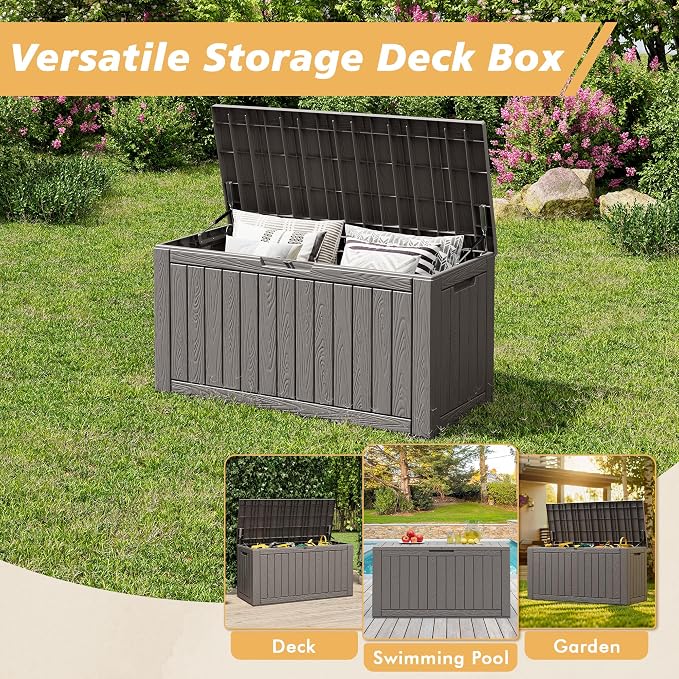 Fancyango 110 Gallon Outdoor Deck Box Waterproof, Large Storage Box for Patio, Resin Storage Bench Lockable for Garden Tools, Package Delivery, Grey