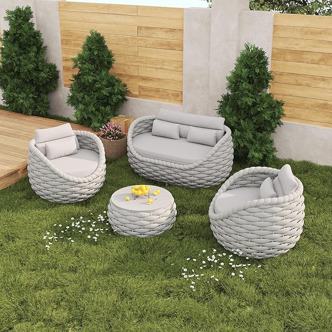 Patio Sofa Set for Outdoor and Indoor Use All-Weather Textilene 4 Pieces Conversation Set, Sectional Sofa and Coffee Table Aluminum Frame Garden Furniture (Gray)
