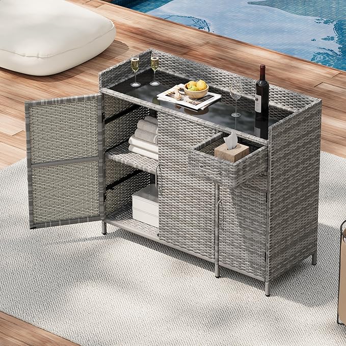 Merax Wicker Outdoor Bar Cabinet - PE Rattan Patio Bar Table w/Tempered Glass Desktop, Drawers & 3 Doors, Buffet Sideboard Organizer for Garden Backyard Pool, Outside Storage Cabinet,Grey