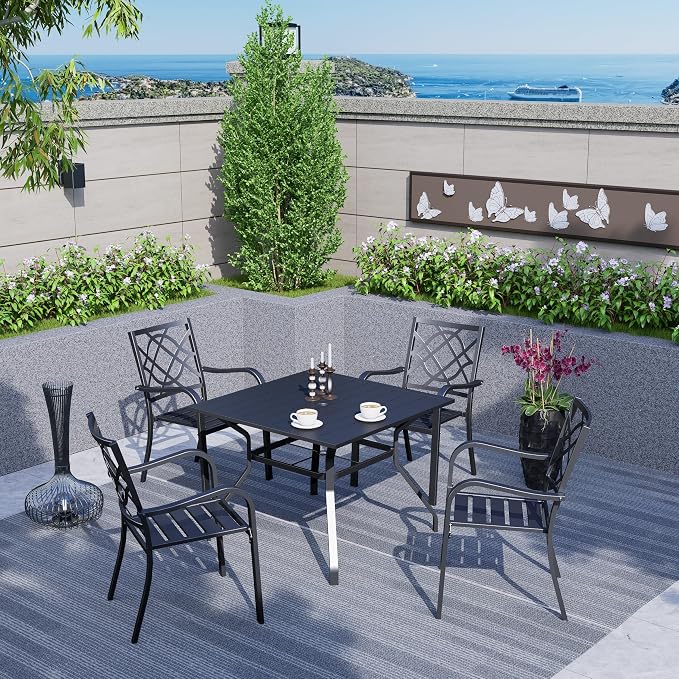 37" x 37" Patio Dining Table, Outdoor Square Bistro Metal Table with Steel Slat Table Top for Porch Deck Garden Backyard Poolside, 1.57" Umbrella Hole, Black