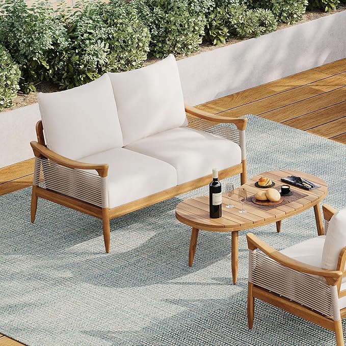 Christopher Knight Home Havets 2 Piece Patio Conversation Sets, Outdoor Acacia Wood Patio Seating Group,Woven Rope Loveseat with Cushions and Coffee Table for Porch Garden Backyard Balcony, Teak+Beige