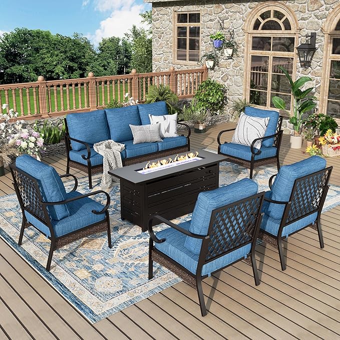 Patio Furniture Set with Fire Pit Table, Metal Outdoor Conversation Set with 5.75'' Extra Thick Cushion, 4 Leg Chairs, 3-Seat Sofa and Gas Fire Pit Table, Pacific Blue