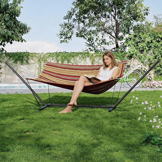 Hammock with Stand, Curved Steel Frame Outdoor Hammock for Outside Patio Backyard Porch Camping, Portable Freestanding Relaxing Hammock with Pillow, Red and Yellow Stripes
