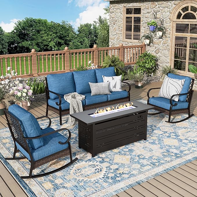 Patio Furniture Set with Firepit Table, Black Frame Outdoor Conversation Set with 2 x Rocking Chairs, 1 x 3-Seat Sofa for Lawn Garden Backyard, Pacific Blue