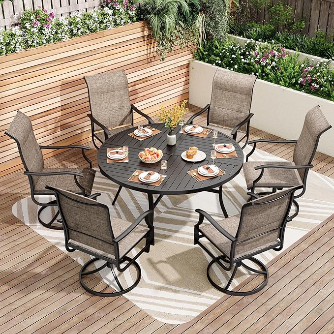 PHI VILLA 7 Piece Outdoor Patio Dining Set with 6 Padded High Back Patio Swivel Chairs & 1 Large 54" Round Dining Table, All Weather Patio Table and Chairs for Lawn Deck Garden
