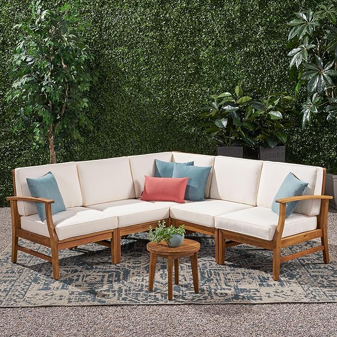 Christopher Knight Home Perla 5 Piece Patio Furniture Set, 5 Seater Acacia Wood Outdoor Corner Sofa Set, Patio Sectional Sofa Couch with Water Resistant Cushions, Teak+Cream