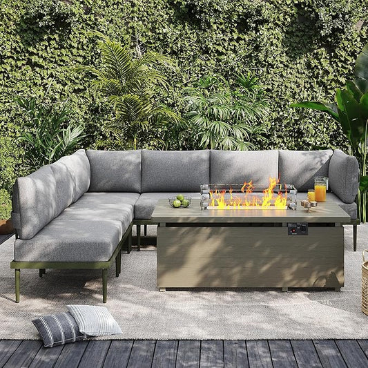 Sundale Outdoor 7 Pieces Patio Furniture Set with Fire Pit Table, L-Shaped Outdoor Sectional Sofa with 6 Inch Olefin Cushion, All-Weather Modern Metal Outdoor Conversation Sets for Backyard, Poolside