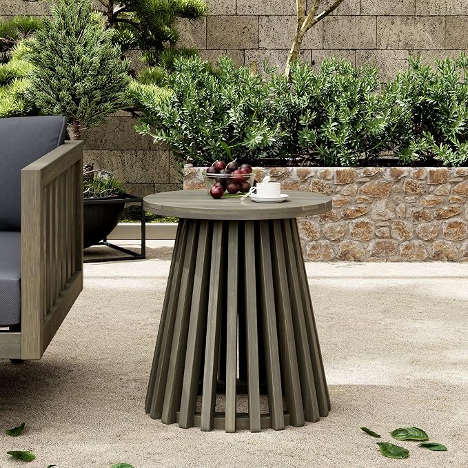 Merax Outdoor Acacia Wood Coffee Table 15.75" Round Patio Side Table for Backyard Lawn Balcony, Aesthetic Slat Base Design (Grey Finish)