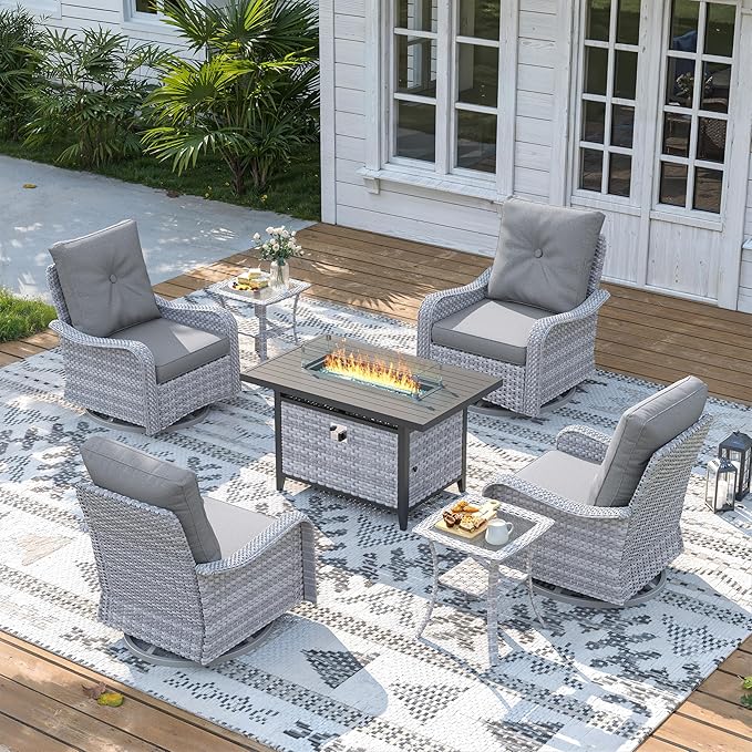 7 Piece Wicker Patio Furniture Set with 55,000 BTU Fire Pit Table, Swivel Rocking Chairs, 4''Cushions, PE Rattan, Wind Guard Glass, for Backyard, Deck or Balcony, Grey