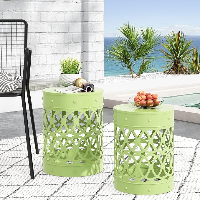 Set of 2 Lime Green Metal Outdoor Side Tables, Round Patio End Tables, Weather Resistant Accent Stools, Geometric Cutout Design, Indoor & Outdoor Decorative Tables for Garden, Balcony, Living Room