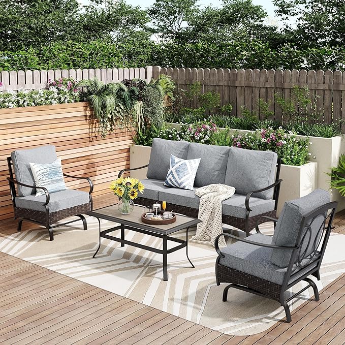 PHI VILLA Outdoor Modern Patio Furniture Set, Upgraded Wicker & Metal Patio Furniture Conversation Set with Waterproof Thick Cushions for Porch, Poolside, Yard (4 Pieces,Grey)