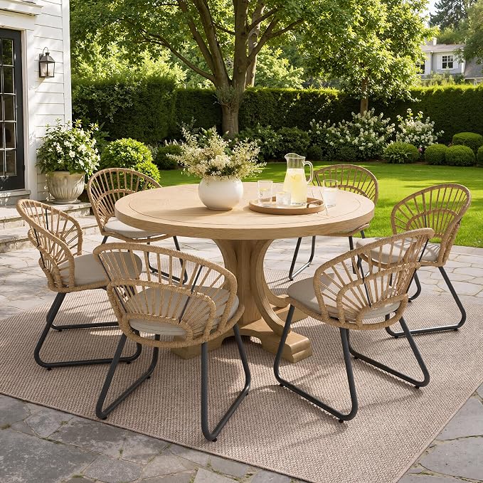 Boho Patio Dining Chairs Set of 2, Hand-Woven Rattan Outdoor Chair | Shell Shaped Back with 2.6” Beige Thick Soft Cushion, Sled Metal Frame Patio Side Chairs for Garden Backyard Porch