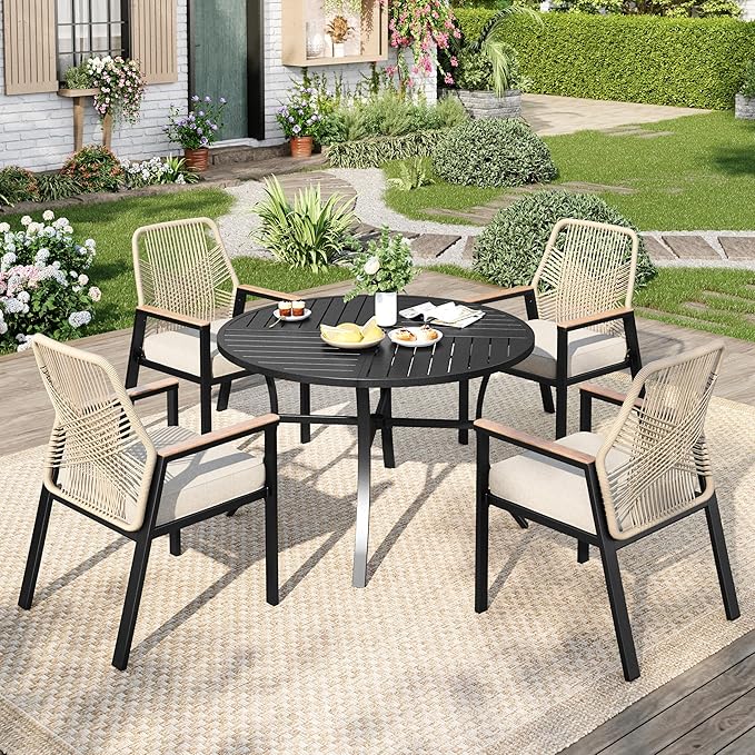MIXPATIO 5 Pieces Round Outdoor Dining Set for 4, Patio Dining Set Wicker Rattan Chairs with Soft Cushion and 42" Round Table with Umbrella Hole, Round Patio Table and Chairs for Backyard Porch