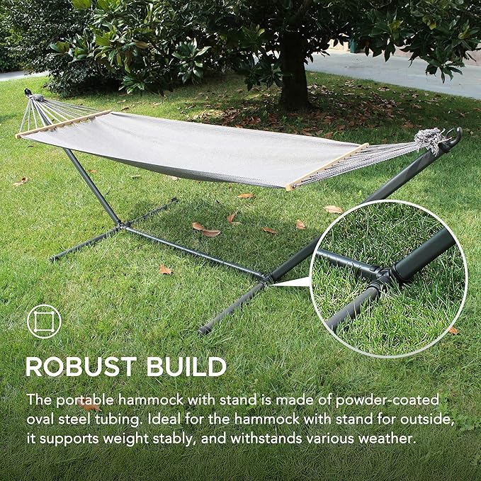 SUNJOY Portable Hammock with 10FT Heavy Duty Steel Stand and Spreader Bars - Ultra-Light 24.25 lbs - Portable Single Person Hammock with Stand for Outdoors, Outside, Backyard, Patio