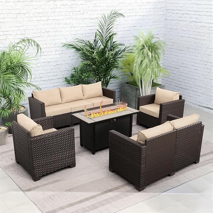 Rattaner 5-Piece Outdoor Patio Furniture 45 in Outdoor Fire Pits Patio Furniture Set 60000 BTU Outdoor Propane Fire Pit No-Slip Cushions Waterproof Covers, Khaki