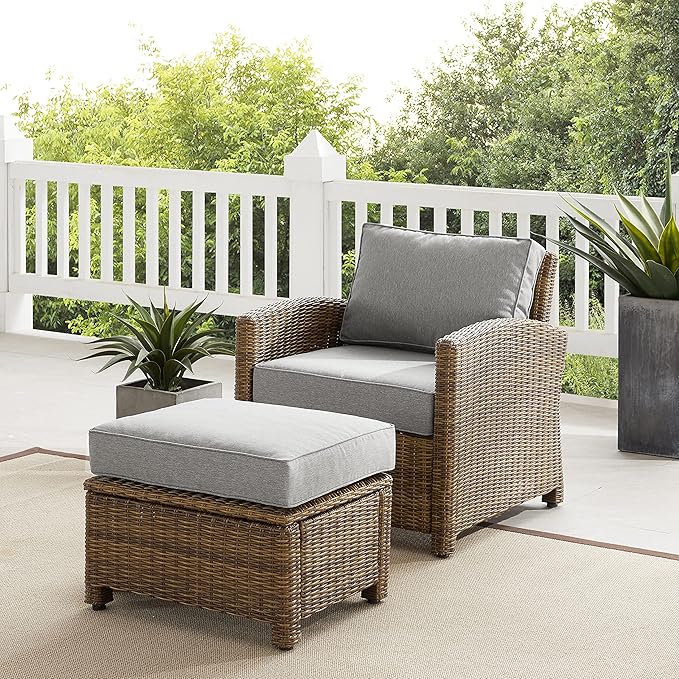 Crosley Furniture Bradenton 2-Piece Outdoor Chair and Ottoman Set, Wicker Patio Conversation Sets for Porch, Brown with Gray Cushions