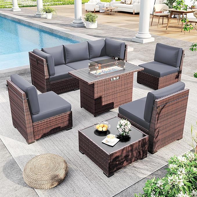 Outdoor Patio Furniture Set with 44" Fire Pit Table 8 Pieces Rattan Patio Sectional Sofa Conversation Set w/55000 BTU Propane Gas Fire Pit, Coffee Table, 2 Waterproof Covers, Grey