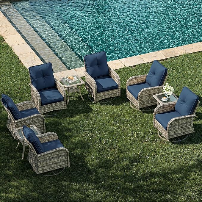 9-Piece Patio Rocking Swivel Chair Outdoor Wicker Rattan Bistro Set with Tempered Glass Side Table, Outdoor Patio Furniture Set for Garden, Deck, and Balcony, Blue
