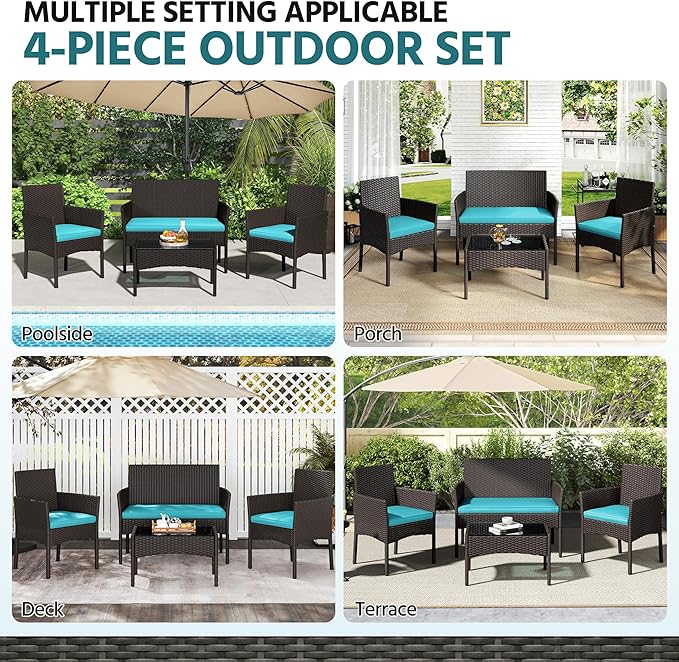 Yaheetech Patio Furniture Set 4 Pieces Conversation Sets, Rattan Chair Wicker Set Loveseat with Soft Cushion and Glass Table for Backyard Porch Garden Poolside Balcony, Brown and Cyan
