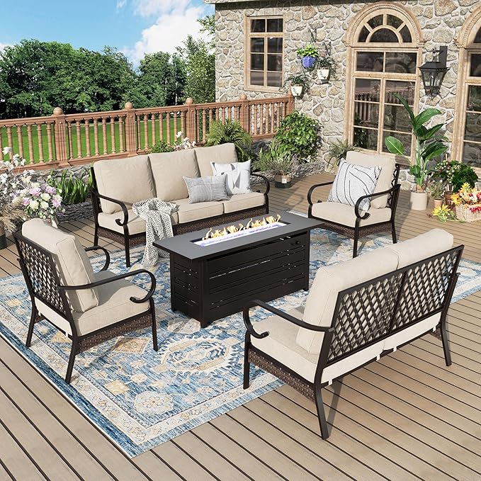 Patio Furniture Set with Fire Pit Table, Metal Outdoor Conversation Set with 5.75'' Extra Thick Cushion, 2 Leg Chairs, Loveseat Sofa, 3-Seat Sofa and Gas Fire Pit Table, Beige