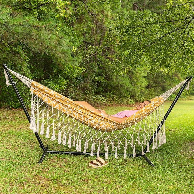 Castaway Living 10" Tassle Outdoor Fabric Hammock - Amber Sun, Stylish and Durable Polyester Hammock for Relaxation and Comfort, 250 Lbs Max