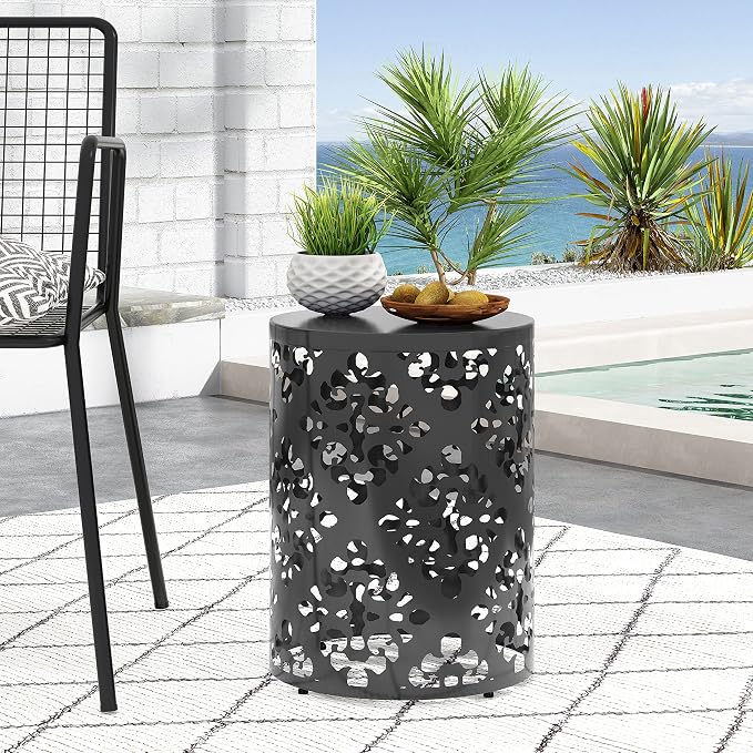 14" Cylindrical Side Table with Floral Iron Cut, Stylish End Table with Powder-Coated Iron, Practical Accent Table with No Assembly for Outdoor Patio Garden, Black