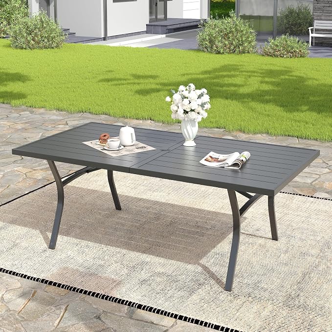 VICLLAX 70.9" Patio Dining Table, Outdoor Rectangular Metal Table for 8 with Umbrella Hole for Porch Backyard Garden Deck, Black