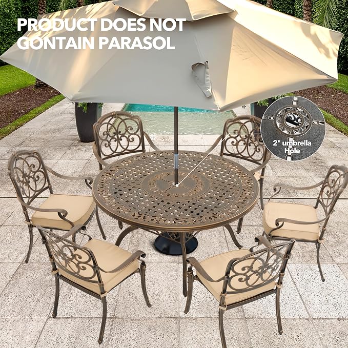 7-Piece Cast Aluminum Outdoor Table and Chairs, Classic Vintage Patio Dining Set for 6 Include 54.5" Round Dining Table and 6 Chairs with Removable Cushion and Umbrella Hole