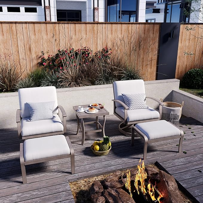 HAPPATIO 5 Piece Aluminum Outdoor Patio Furniture Set, Swivel Rocker Patio Chairs with Ottomans and Side Table, Balcony Furniture, Patio Conversation Set for Porch Garden (Gray)