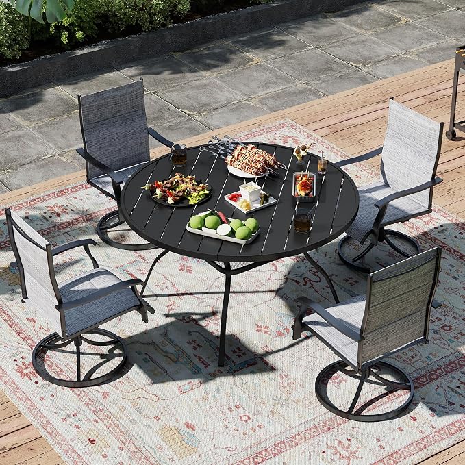 47.2 Inch Round Patio Table for 4 with Adjustable Umbrella Hole, Rust-Resistant Metal Frame, Outdoor Dining Table All-Weather for Backyard, Garden, Lawn, Poolside, and Outdoor Café Use – Black