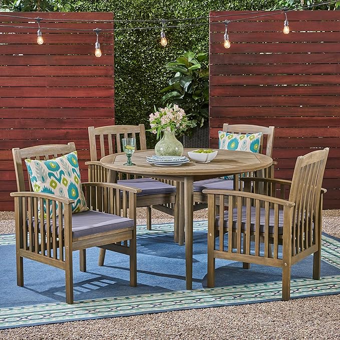 Christopher Knight Home Casa Outdoor Acacia Wood 5 Piece Dining Set with Round Table and Water Resistant Cushion, Gray Finish and Dark Gray
